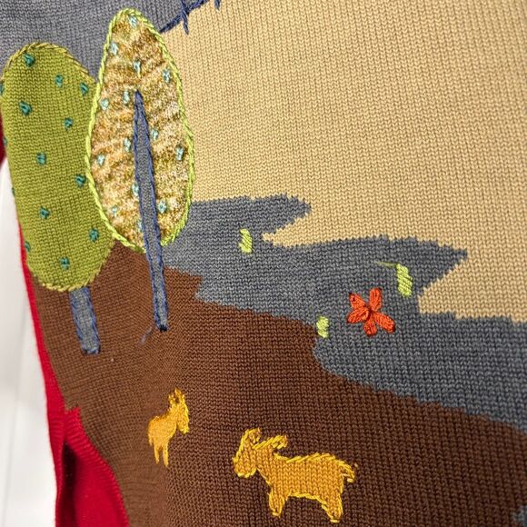 Pregiato Soft Red Knit Sweater Embroidered Rural Farm Scene Cottage Granny S/M - Picture 10 of 10